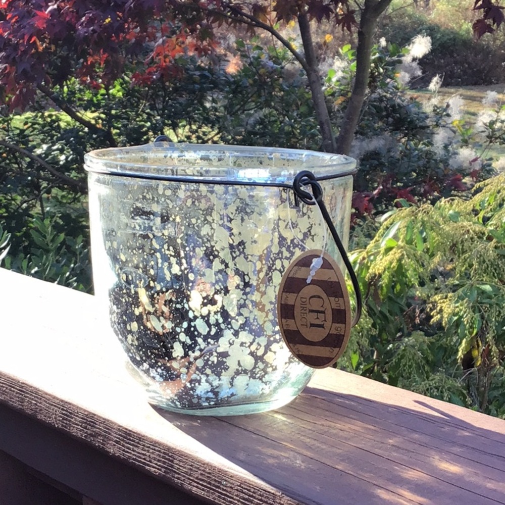 Mercury Glass Planter Candle Holder With Metal Handle Silvertone